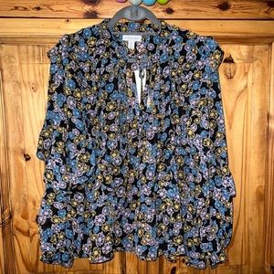 Topshop black floral ruffled long sleeve sheer top. SZ.8. New with tags.